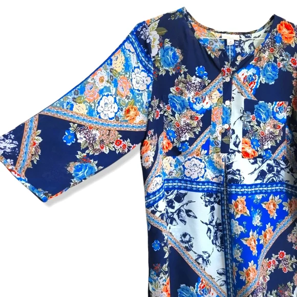 Westport Artsy Floral Patchwork 3/4 Sleeve Semi Sheer Long Tunic Blouse, M - Picture 2 of 11